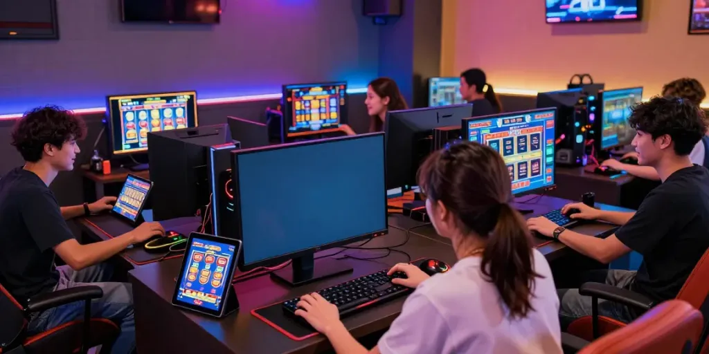 Pengalaman bermain toto slot di lounge modern dengan pencahayaan dinamis dan pemain bersemangat.