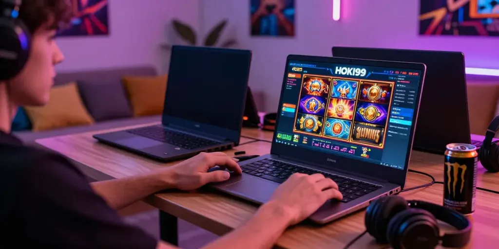 Pengguna HOKI99 bermain game slot online dengan antusiasme, dikelilingi aksesori gaming dan suasana modern.