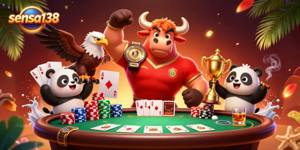 Experience winning with sensa138 in this vibrant 3D casino scene filled with poker action.
