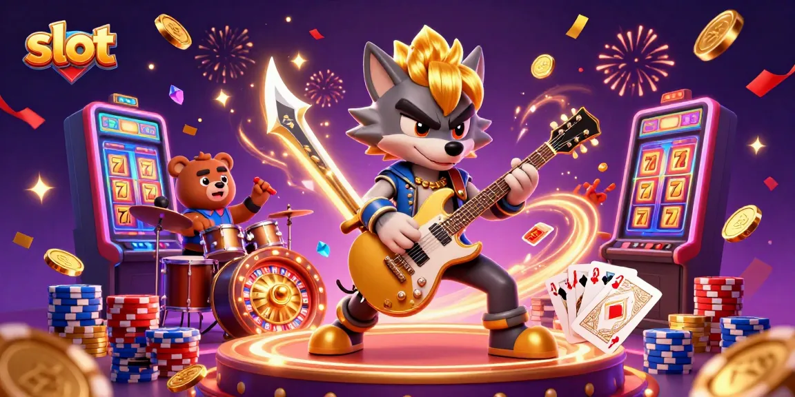 Experience thrilling slot action with a vibrant rock star wolf and a drummer bear in a lively casino.