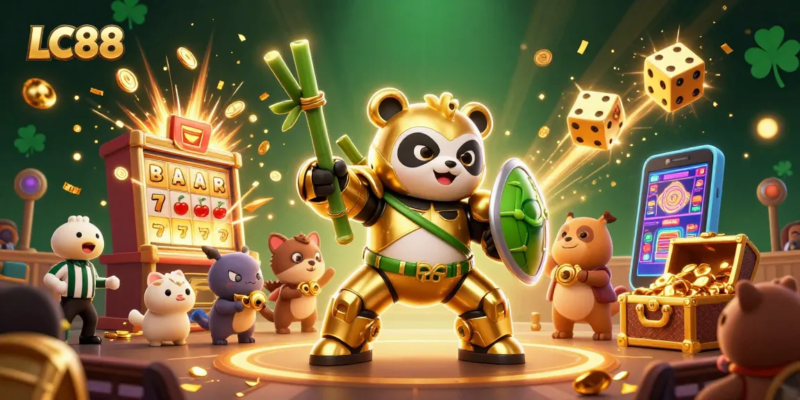 Experience thrilling wins with LC88 as a golden panda battles in a vibrant casino showdown.