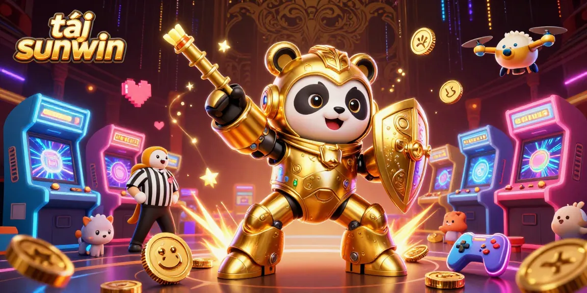 Tải sunwin game ultimate experience with a dynamic 3D casino illustration featuring a panda robot in a vibrant arcade.