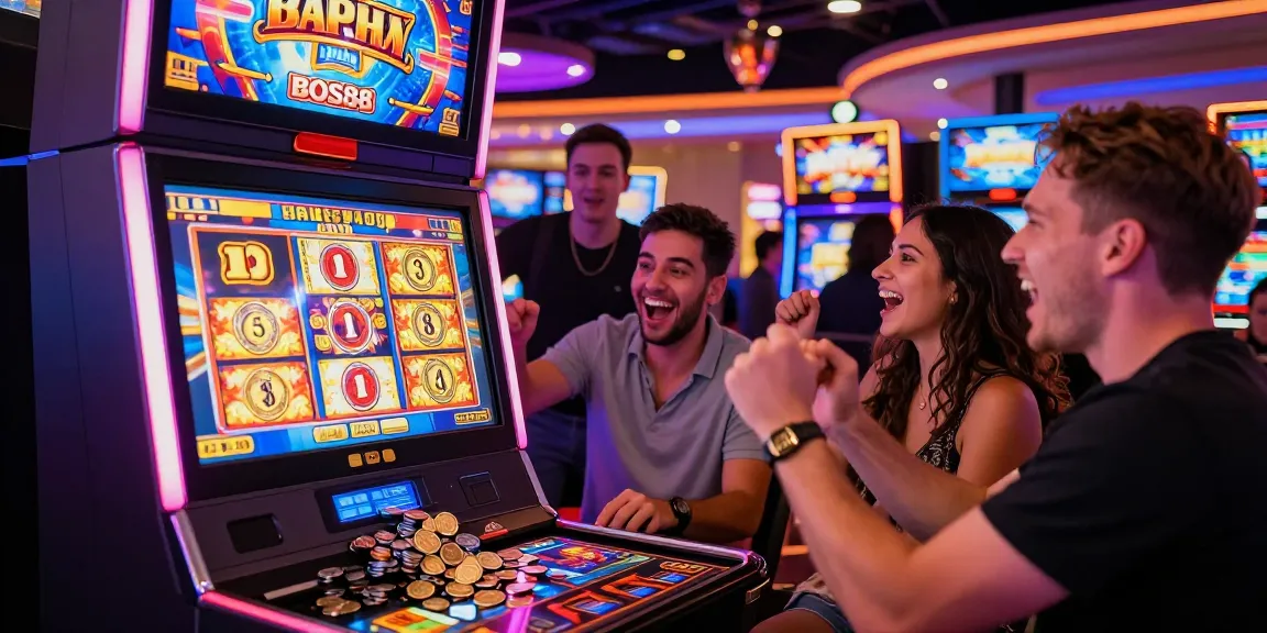 Pemain slot BOS88 merayakan kemenangan di kasino yang ramai.