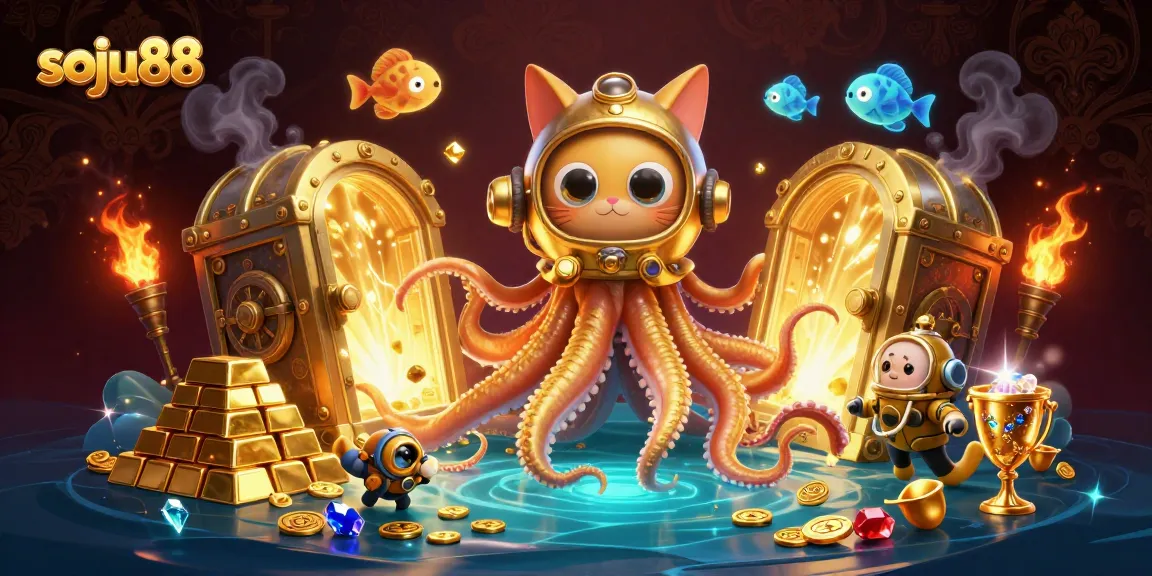 soju88 dives into an ocean of treasures, with a kraken and vintage diving cat in a vibrant casino scene