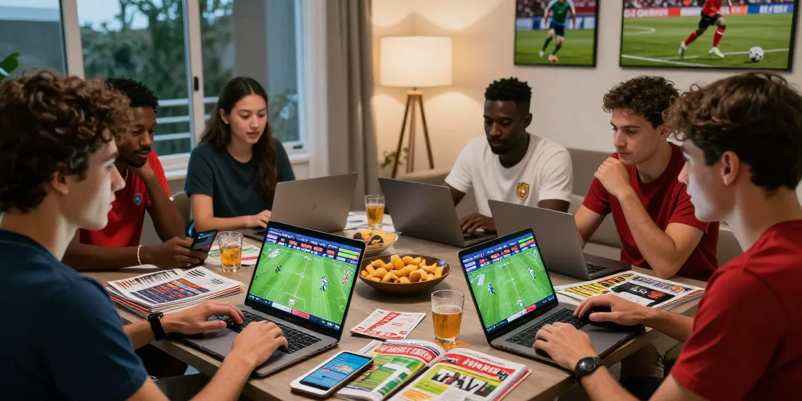 Friends engaging over link bola bets with laptops and drinks during World Cup planning.