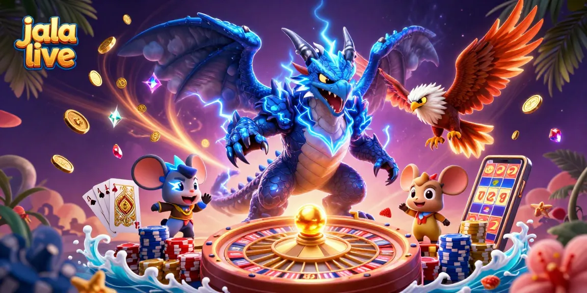 Experience thrilling jala live action with electrifying characters and casino elements in this vibrant illustration.