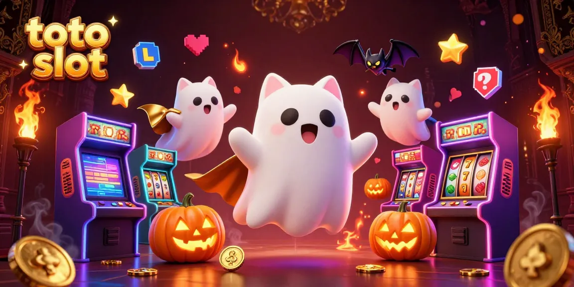 Gambarkan pengalaman bermain toto slot dengan kucing hantu 3D yang menghantui kasino dan lampu jack-o-lantern.