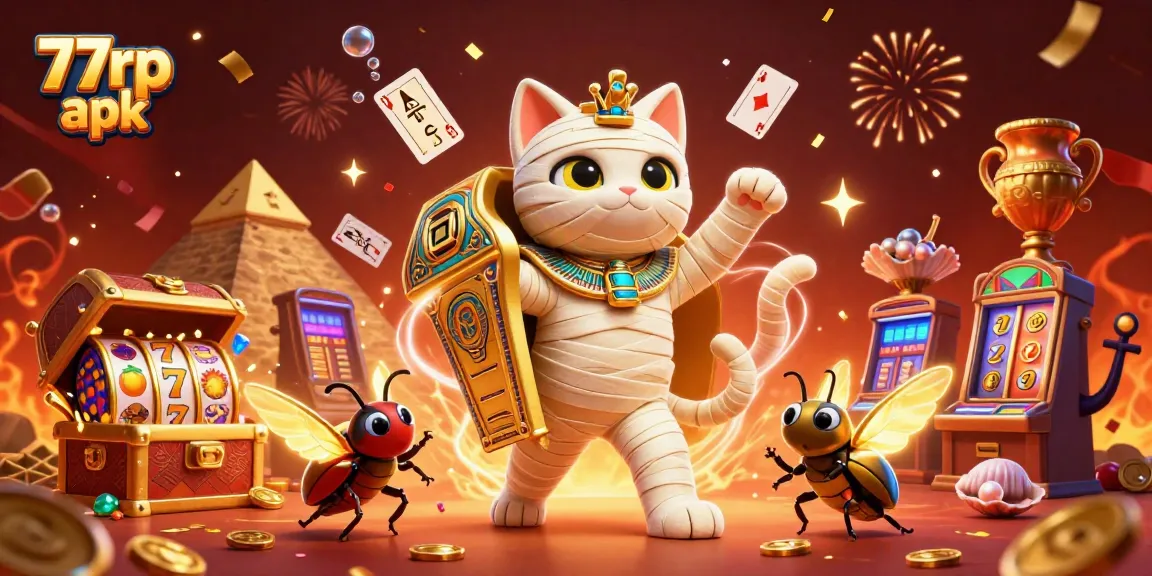 Play exciting games with the 77rp apk, featuring a dynamic casino scene with jackpot elements.