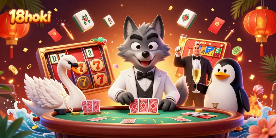 Experience the excitement of 18hoki with a debonair wolf, elegant swan, and sophisticated penguin in a vibrant casino scene.