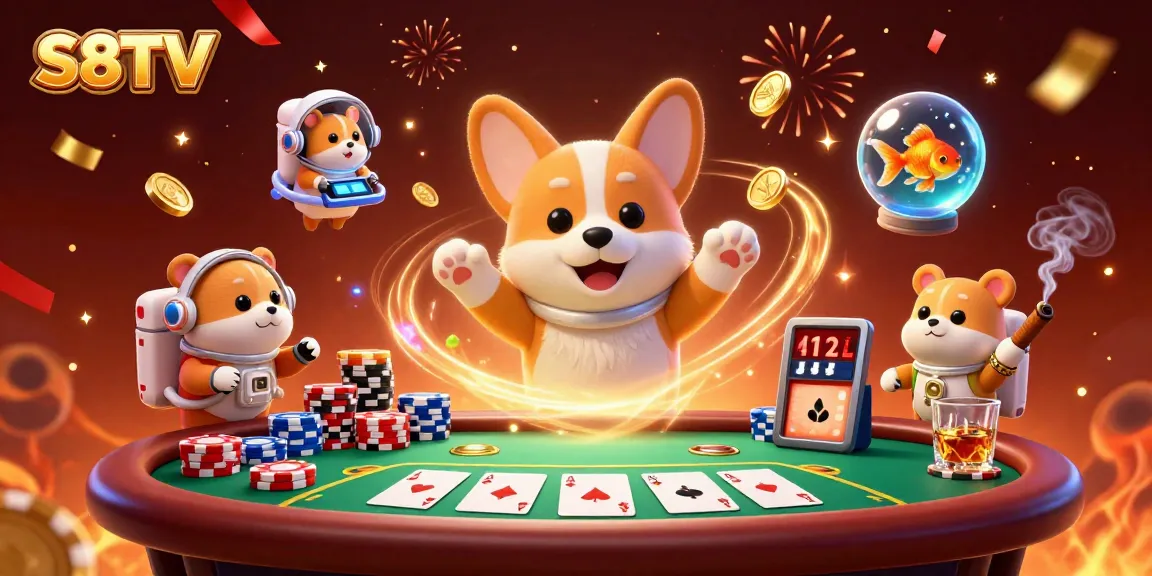 S8TV showcases a dynamic scene of a 3D cartoon astronaut corgi in a casino, floating poker chips and festive energy