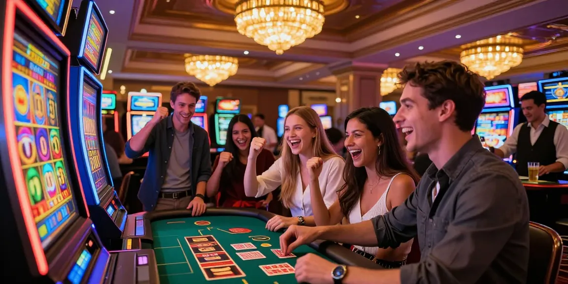 Excited group celebrating a big win at the situs slot machine in a lively casino setting.
