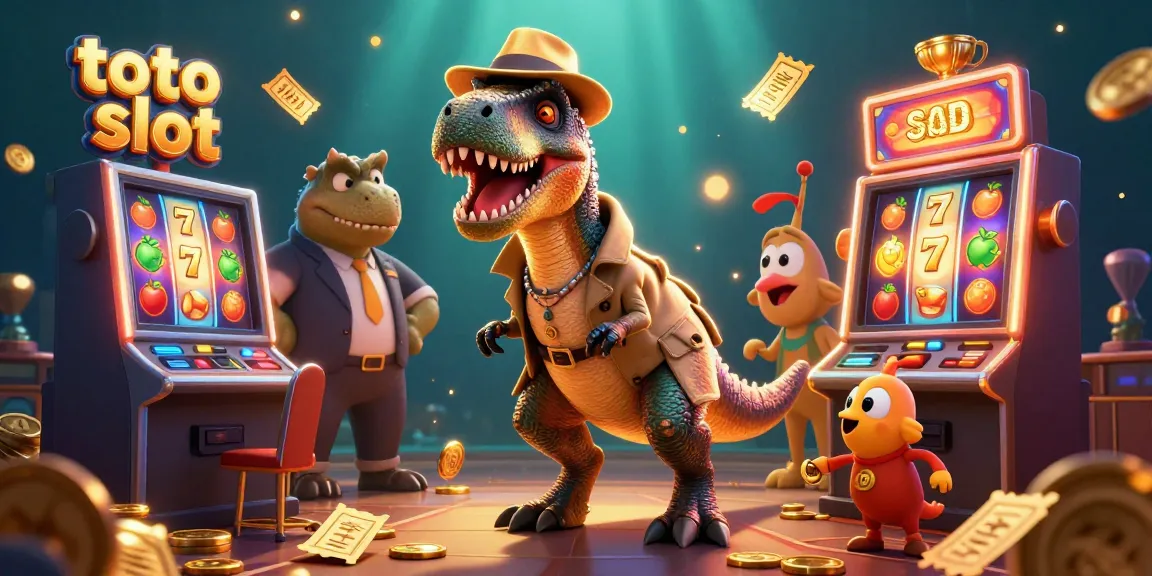Menangkan toto slot dengan raptor yang menghitung kartu di mesin slot yang dikelilingi koin dan simbol keberuntungan.