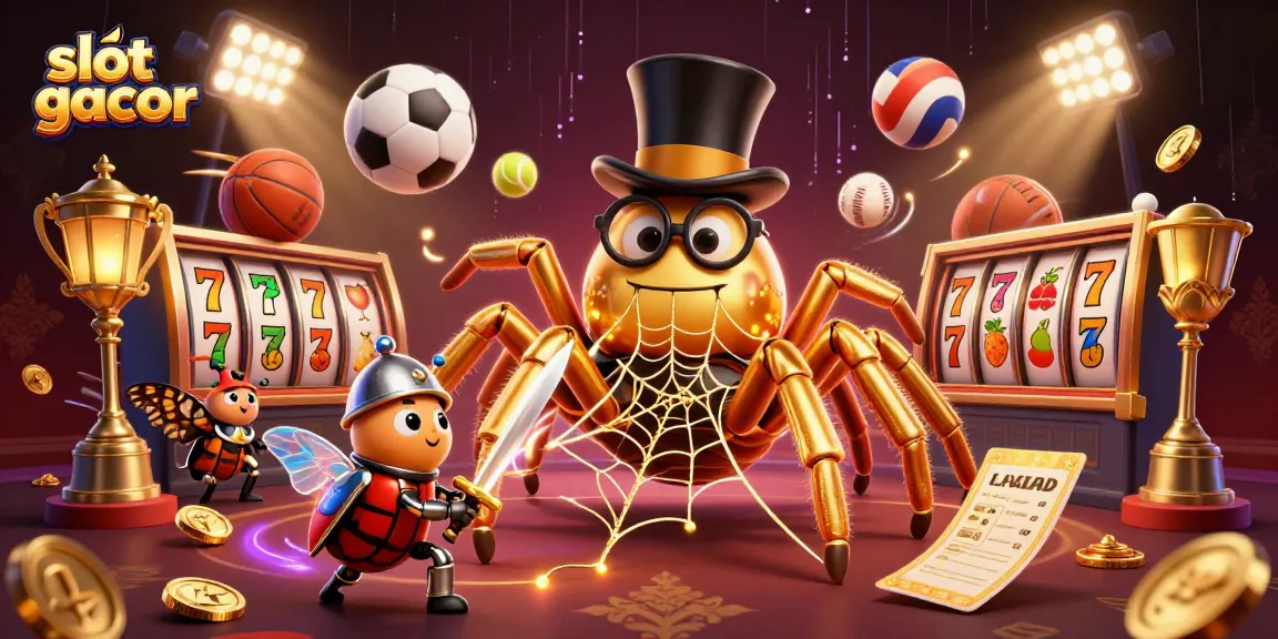Slot gacor yang menampilkan laba-laba raksasa dan kesatria kecil di dunia kasino yang berkilau.