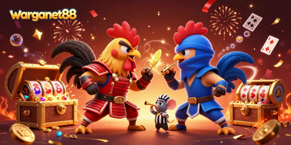 Experience thrilling games like warganet88's slot reels amidst animated roosters in a vibrant casino scene.