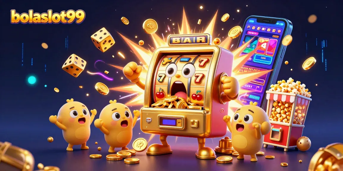 bolaslot99 celebrates wins with a dynamic scene of golden slot machines and jackpot excitement