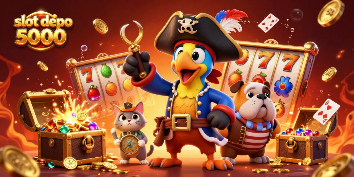Experience the excitement of the slot depo 5000 with vibrant slot reels amidst dynamic pirate characters and treasures.