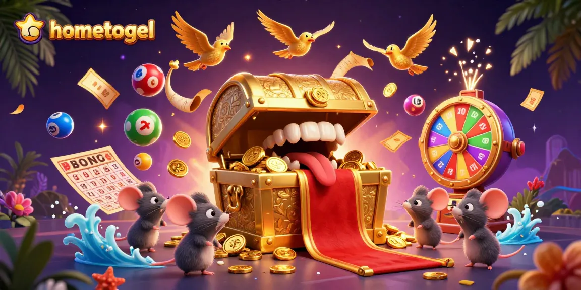 Experience the dynamic world of hometogel with colorful lottery balls and thrilling game elements in an engaging 3D illustration.