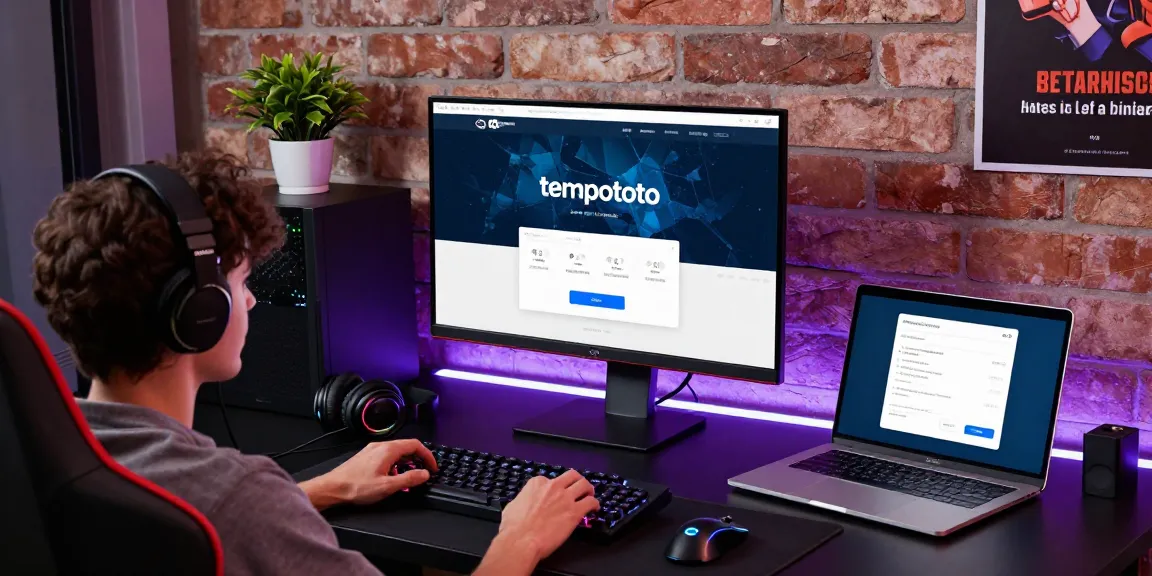 User accessing tempototo login on monitor with gaming setup and vibrant lighting.